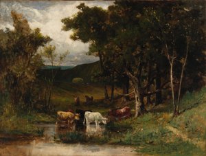 木の近くの小川に牛がいる無題の風景、1882年。 作： Edward Mitchell Bannister