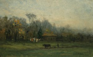 畑を耕す男がいる無題の風景、n.d. 作： Edward Mitchell Bannister