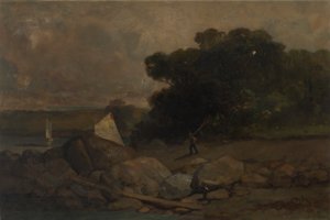 岩、人、帆船のある無題の風景、1895 年。 作： Edward Mitchell Bannister