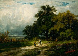 女性と犬と一緒に馬に乗った無題の男。 作： Edward Mitchell Bannister