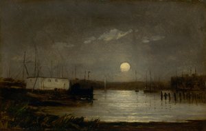 港の上の無題の月、満月とボートのマストのある埠頭のシーン、カリフォルニア州。 1868年。 作： Edward Mitchell Bannister