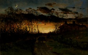 クォーター ムーンと農家のある無題の夕日、1883 年。