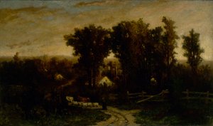 夕暮れ時に牛と羊を持つ無題の女性、n.d. 作： Edward Mitchell Bannister