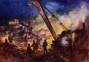 鉄道事故の現場から残骸を取り除くクレーン (カラー リソ) 作： Edward Parick Kinsella