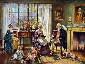 ジョージ・ワシントン（1732-1799） アメリカ合衆国初代大統領（1789-1797）。自宅で家族と過ごすワシントン。エドワード・P・モラン（1862-1935）の絵の後。 作： Edward Percy Moran