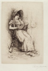 無題 (帽子をかぶった少女、椅子、読書) 作： Edward Percy Moran