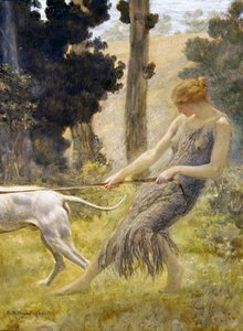 犬を散歩させる女性（ボードにテンペラ） 作： Edward Robert Hughes