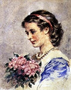 ピンクの花束を持つ少女（紙に鉛筆の上に水彩画）