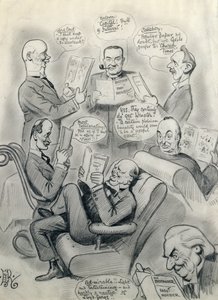 バイスタンダー1000番、ケイブ卿（1856-1928）スタンリーボールドウィン（1867-1947）ソールズベリー卿（1861-1947）ハーバートアスキス（1852-1928）、ウィンストンチャーチル（1874-1965） 作： Edward Tennyson Reed