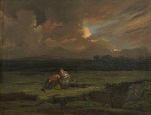 嵐の風景の中の兵士と彼の妻と子供 作： Edward Villiers Rippingille