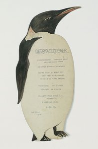 1912年6月22日、ケープエバンスの真冬の日の夕食のための皇帝ペンギンの形のメニュー（カードにペンとガッシュ） 作： Edward W. Nelson