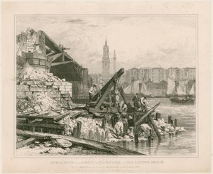 オールドロンドンブリッジの一部の解体。 1832年3月 作： Edward William Cooke