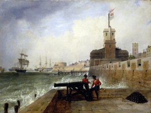 ポーツマス（イギリス）の港の入り口にあるセマフォ塔、救世台の上にあり、大砲の横の壁に2人の兵士が座っている。 作： Edward William Cooke