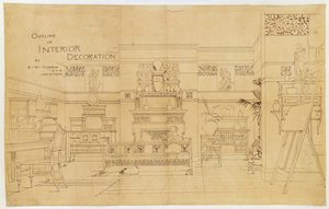 1881年の室内装飾の概要（トレーシングペーパーのインク） 作： Edward William Godwin