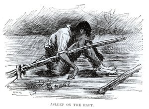 マーク・トウェイン（1835-1910）の「ハックルベリー・フィンの冒険」からの挿絵「いかだの上で眠っている」1884年（彫刻）（白黒写真