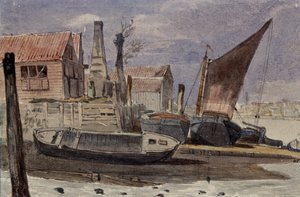 ボートのある川岸、バタシー 作： Edward attr. to Bragg