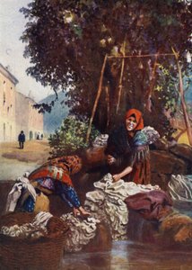 コルシカ島：リネンを洗う女性（カラーリトグラフ 作： Edwin Arthur Norbury