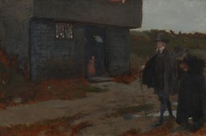コテージのドアで (17 世紀のニュー イングランドのシーン) 作： Edwin Austin Abbey