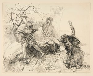 キャリバン、ステファノ、トリンキュロ (アリエルが見えない)、第 2 幕、第 2 場、テンペストのイラスト 作： Edwin Austin Abbey