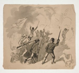 南北戦争の戦闘シーン (レクト); 森の中の男の正体不明のイラスト (裏面) 作： Edwin Austin Abbey
