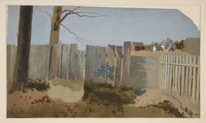 カントリー シーン: フェンス、野原、遠くの農家 作： Edwin Austin Abbey