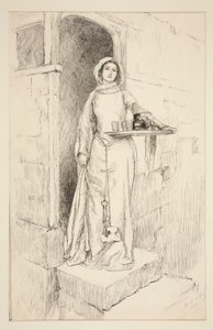 ミストレス アン ペイジにワインを持って入場 - 第 1 幕、第 1 場、ウィンザーの陽気な妻たち 作： Edwin Austin Abbey