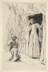 フェルディナンドとミランダの出会い、第 3 幕、第 1 場、テンペストの挿絵 作： Edwin Austin Abbey