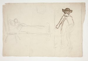 ベッドの図、部屋に入る男 - 正体不明のイラスト 作： Edwin Austin Abbey