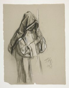 The Quest of the Holy Grail (1901 年に完成したボストン公立図書館のための 15 の絵画シリーズの 2 番目) からのランスロット卿とボールス卿の服装のガラハッドと彼の拍車の図の研究 作： Edwin Austin Abbey