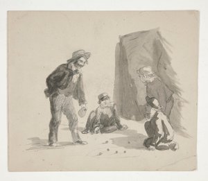 ビー玉で遊んでいる 4 人の男の子 (直腸)。 内部のイーゼルで少年の正体不明のイラスト (裏面) 作： Edwin Austin Abbey