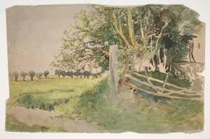 木と壊れたフェンスのある風景 作： Edwin Austin Abbey
