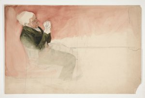 座ってボウルの中身を調べる男性 - (未確認イラスト) 作： Edwin Austin Abbey