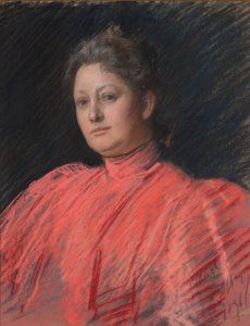 ピンクのドレスを着たミセス・アビーのポートレート、ウエスト丈 作： Edwin Austin Abbey