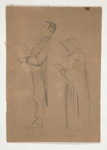 男性と老婆のプロファイル研究 (直腸); 頭の3つのスケッチと未確認のスケッチ（裏面） 作： Edwin Austin Abbey