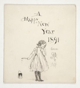 グリーティング カードのスケッチ: A Happy New Year 1891 from M.G.A. とE.A.A. 作： Edwin Austin Abbey