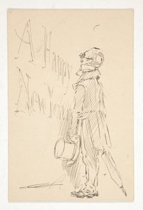 グリーティング カードのスケッチ: 明けましておめでとうございます。 看板を読む男性の習作 作： Edwin Austin Abbey