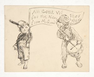 グリーティング カードのスケッチ: M.G. からの新年のすべての良い願い とE.A. 修道院 作： Edwin Austin Abbey