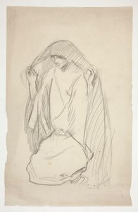 十字架上の三人のマリアに祈りを捧げるマントをまとった女性像のスケッチ 作： Edwin Austin Abbey