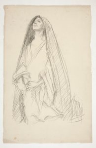 十字架上の三人のマリアに祈りを捧げるマントをまとった女性像のスケッチ 作： Edwin Austin Abbey