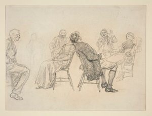 室内で見物人に囲まれてゲームをしているカップルのスケッチ (?) - 正体不明のイラスト 作： Edwin Austin Abbey