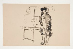 テーブルの横にある革命的なドレスを着た男性のスケッチ 作： Edwin Austin Abbey