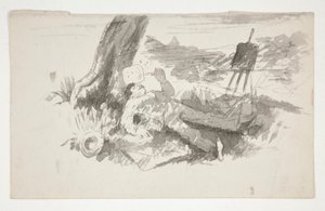 木の下で昼寝をしている外光画家のスケッチ - 正体不明のイラスト 作： Edwin Austin Abbey