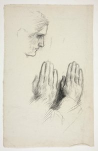 横顔の若い男のスケッチ。 祈りの手の 2 つのセットのスケッチ 作： Edwin Austin Abbey
