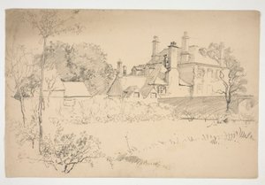 外観のスケッチ: 庭、壁、大きなビクトリア朝の家 作： Edwin Austin Abbey