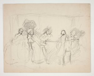テーブルを囲む人物のスケッチ - 正体不明の演劇用イラスト (?) 作： Edwin Austin Abbey