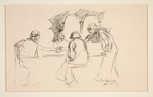テーブルで中世のドレスを着た 4 人の男性のスケッチ - 正体不明のイラスト、おそらく 作： Edwin Austin Abbey