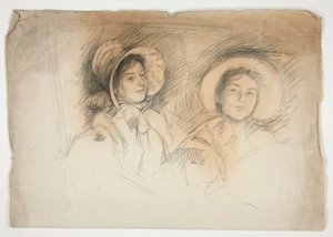 ボンネットを着た 2 人の若い女性のスケッチ (身元不明のシッター) 作： Edwin Austin Abbey