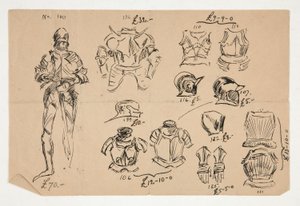 各アイテムの下に英国ポンドでの価格が記載された鎧のスケッチ 作： Edwin Austin Abbey