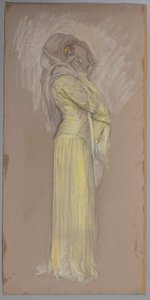 研究、顔に茶色のベールを持つ黄色のドレスを着た女性 作： Edwin Austin Abbey