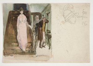 インテリアの研究: 夜に出発する準備をしているカップル 作： Edwin Austin Abbey